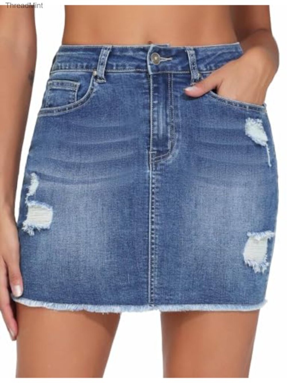 Women's Ripped Denim Mini Skirt High Rise Stretchy Jean Skirt